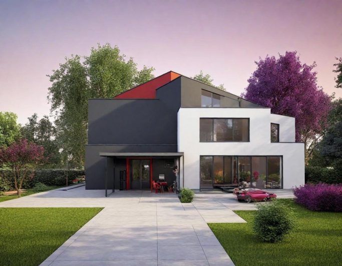 haus bauen, grundstücksbeschaffung, Architektur, Finanzierung, Flachdach und Pultdach kombineirt, Ansicht, großzügiger Garten, Fliederbäume